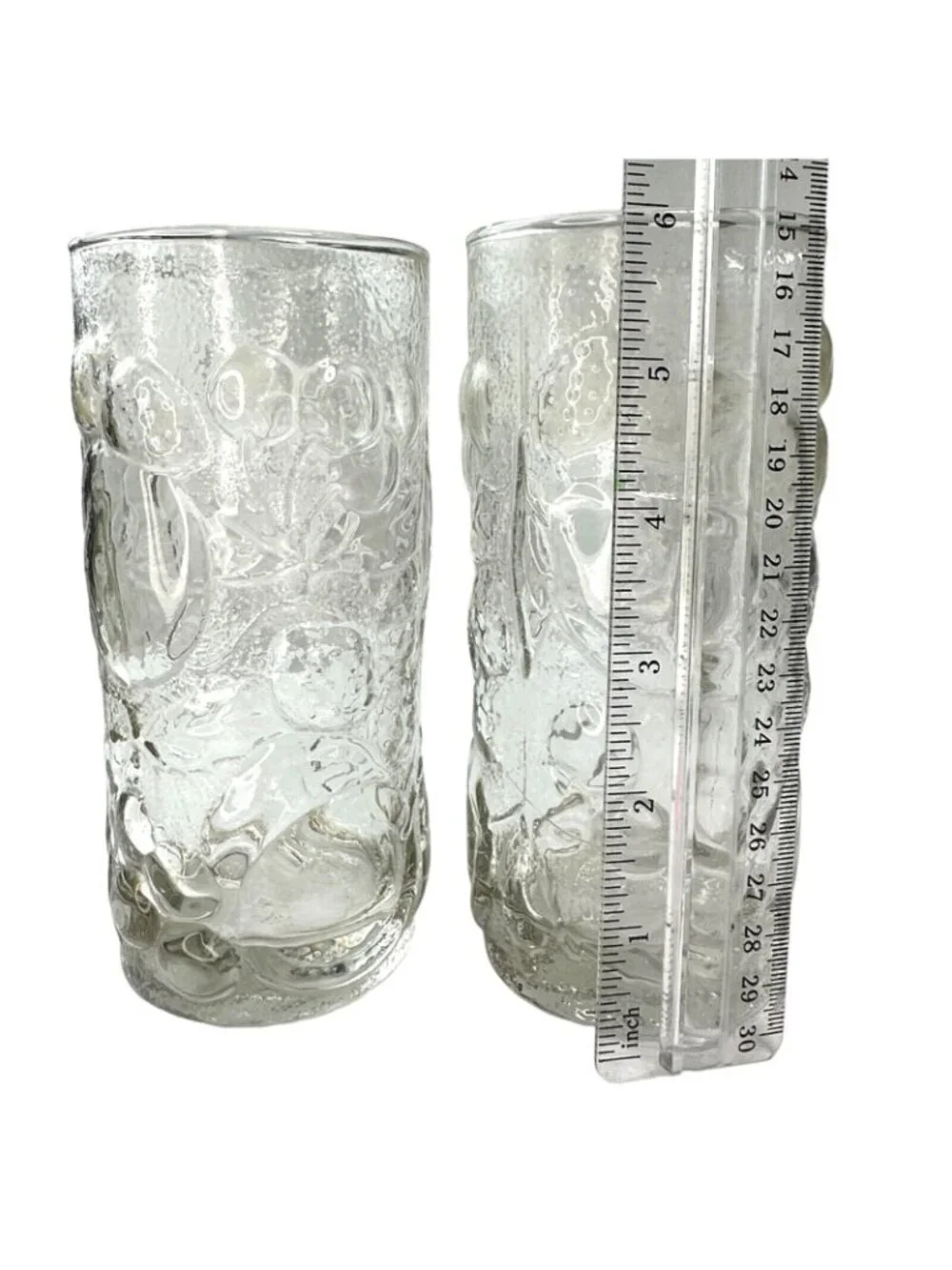 VTG Libbey Orchard Fruit Clear Pitcher + 2 Glasses Pressed Glass Raised Fruit